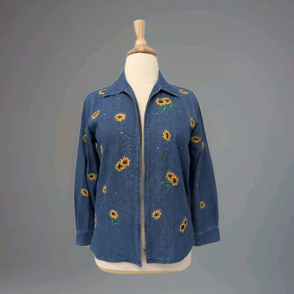 Quaker Factory Denim Jacket Embroidered Sunflowers And Bees Medium - Picture 1 of 12